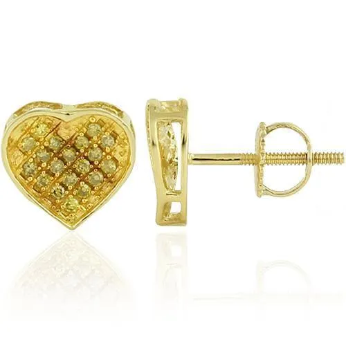 10K Yellow Solid Gold Womens Heart Earrings With Yellow Diamonds 0.17 Ctw