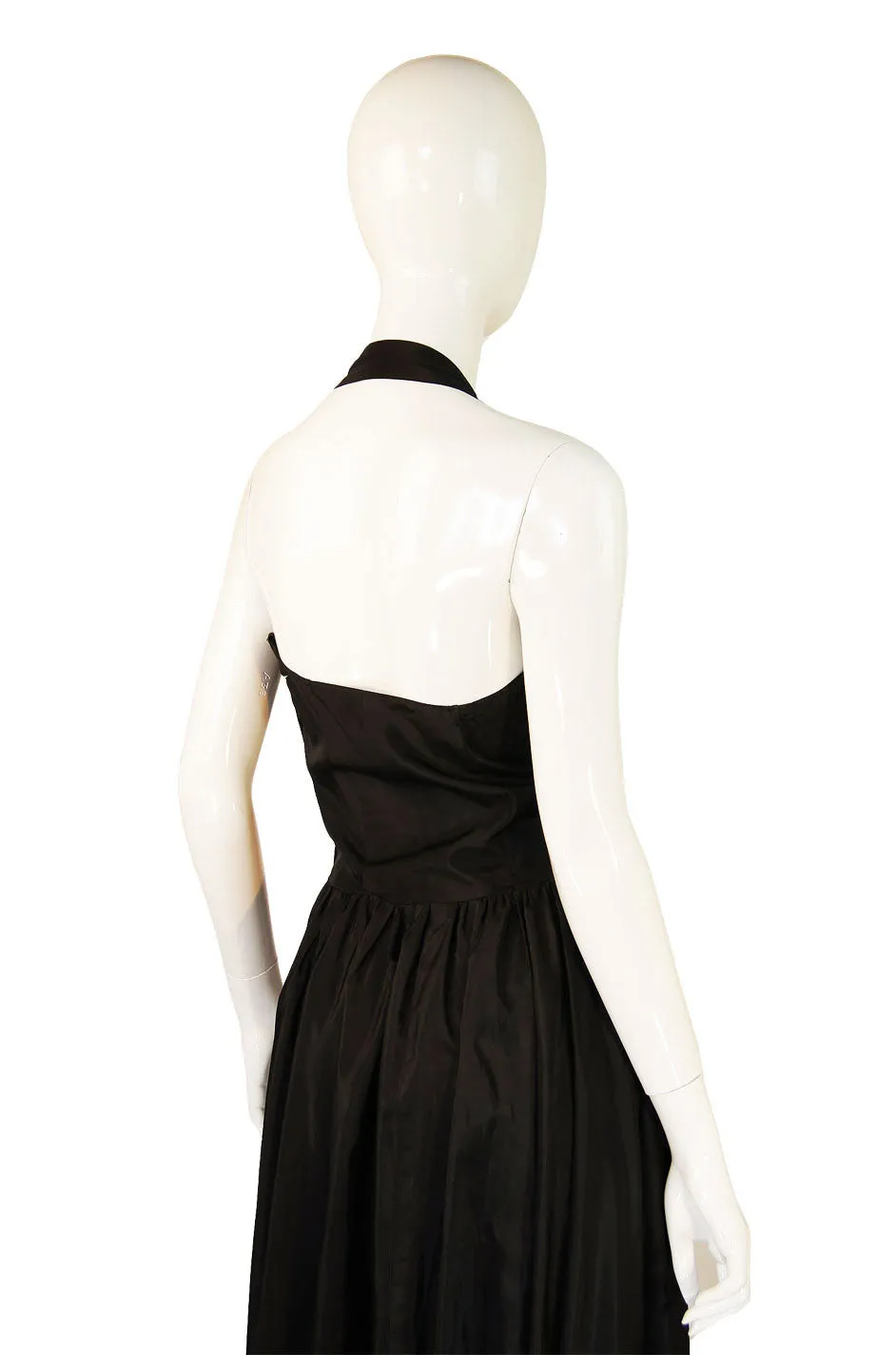 1940s Black Silk Taffeta Halter Gown