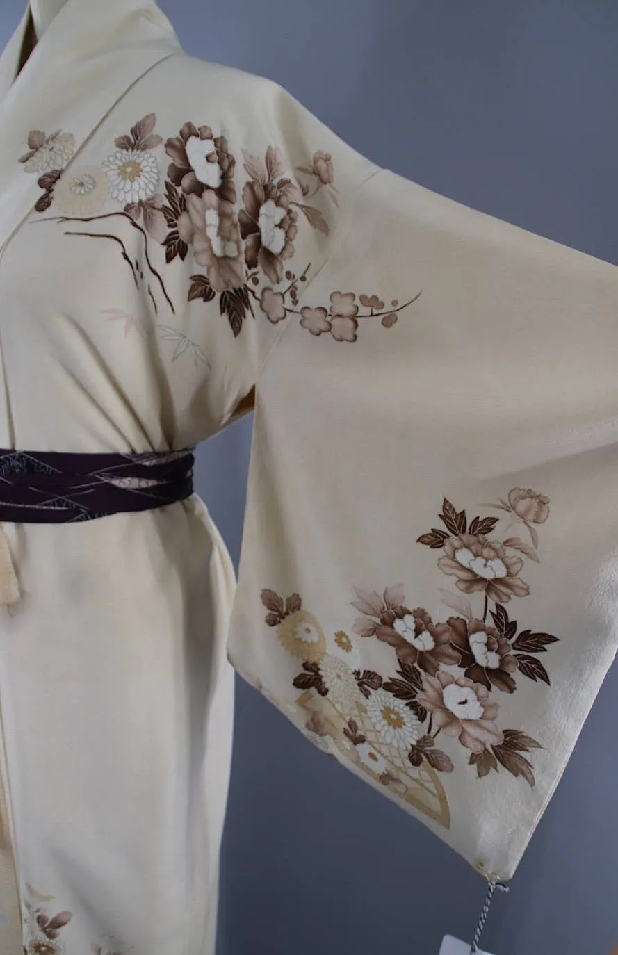 1960s Vintage Silk Kimono Robe / Ivory Brown Purple Ombre Floral