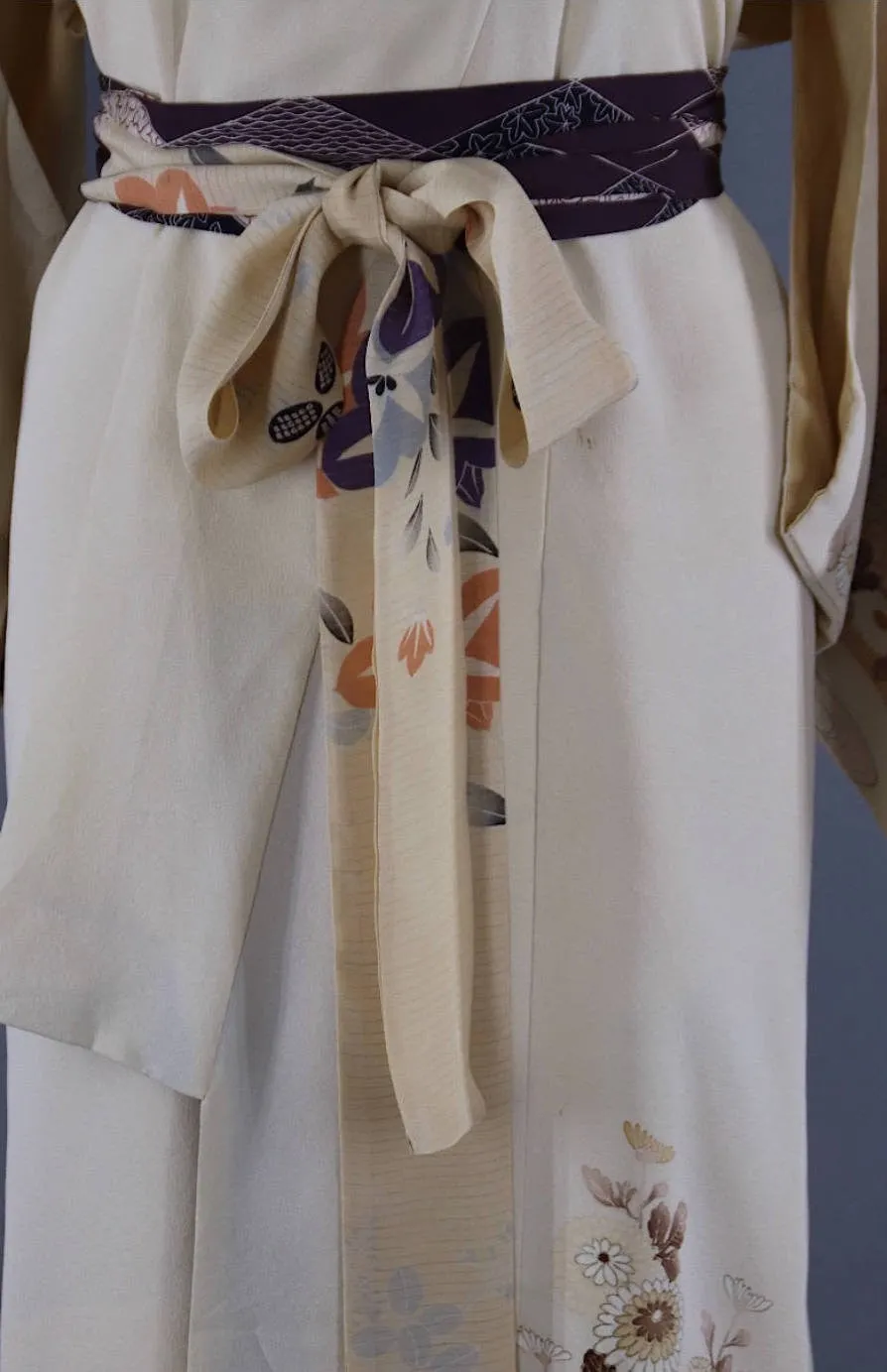 1960s Vintage Silk Kimono Robe / Ivory Brown Purple Ombre Floral