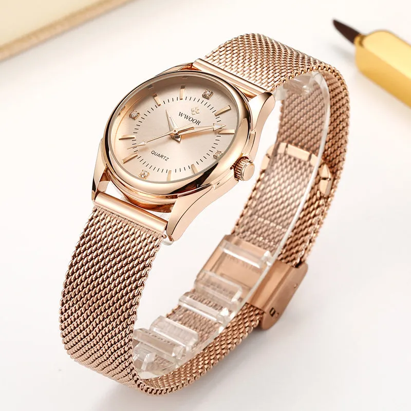 2022 Wwoor Fashion Classic Ladies Watch Luxury Diamond Rose Gold Women Bracelet Watch Elegant Dress