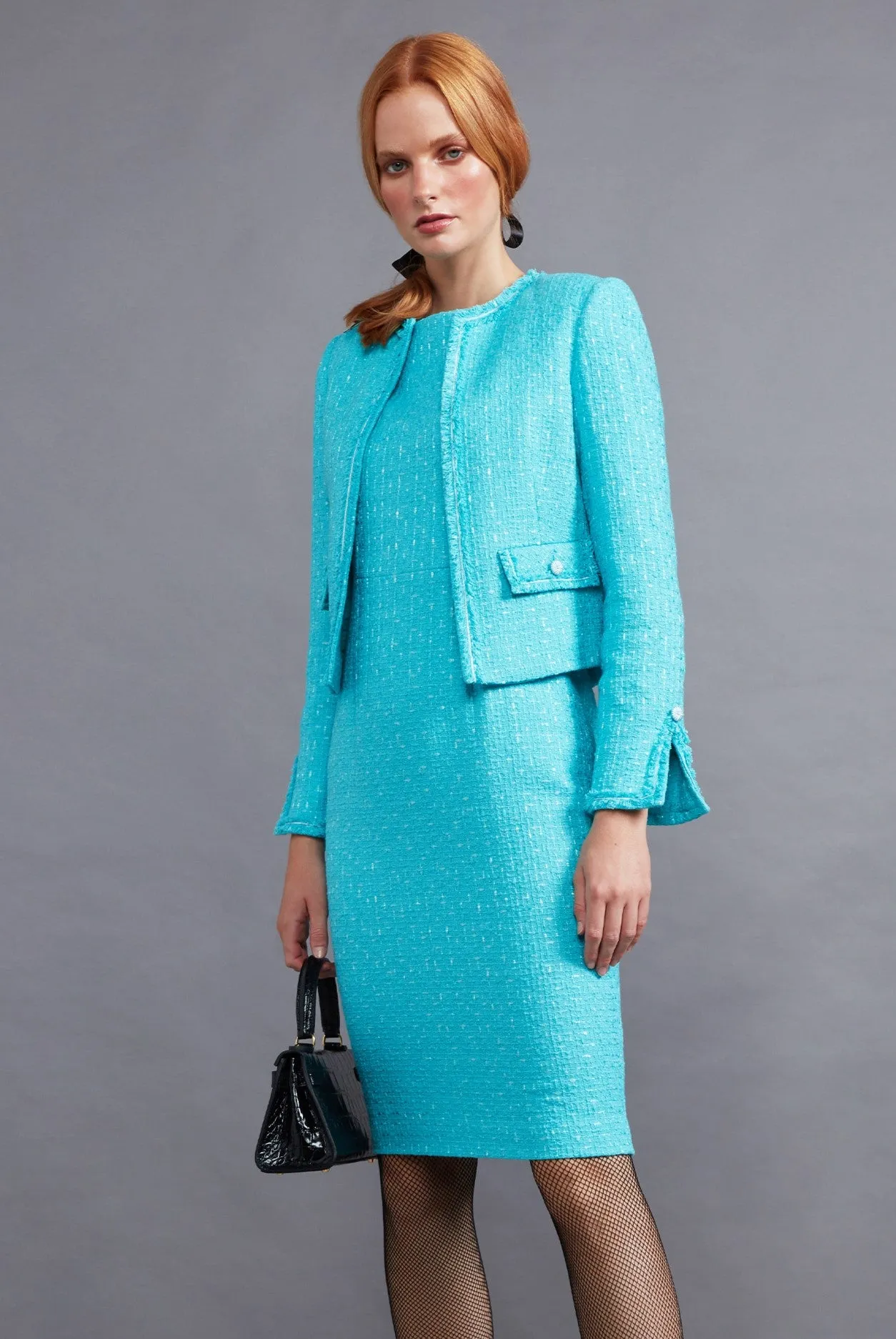 3/4 Sleeve Turquoise Plain Tweed Dress - Angela