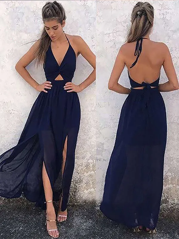 A-Line Dark Navy Backless Lace Up Halter V-Neck Chiffon Prom, PD2305241