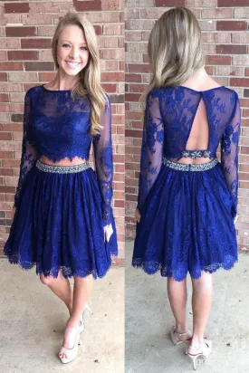 A-line Long Sleeves Royal Blue Short Prom Dresses,Backless Homecoming Dress,SH17