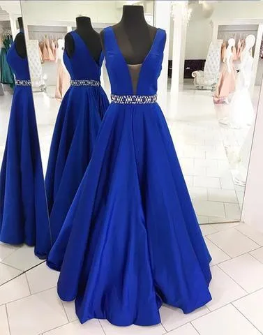 A-line royal blue satin long prom dresses, PD65478