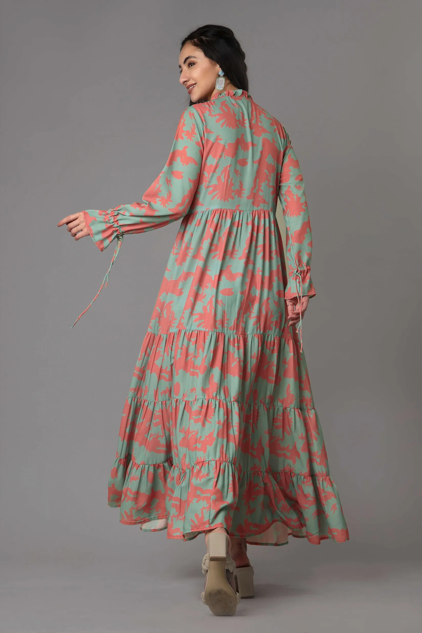 Abstract Gather Flounce Sleeve Maxi Dress