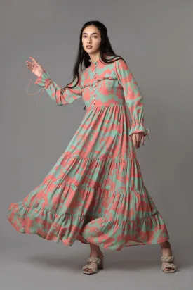 Abstract Gather Flounce Sleeve Maxi Dress