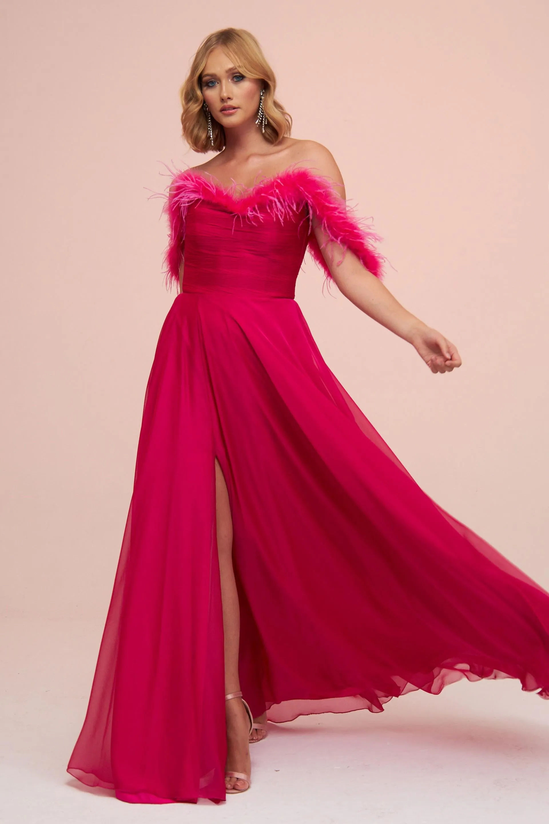 Angelino Fuchsia Chiffon Feathered Slit Long Evening Dress