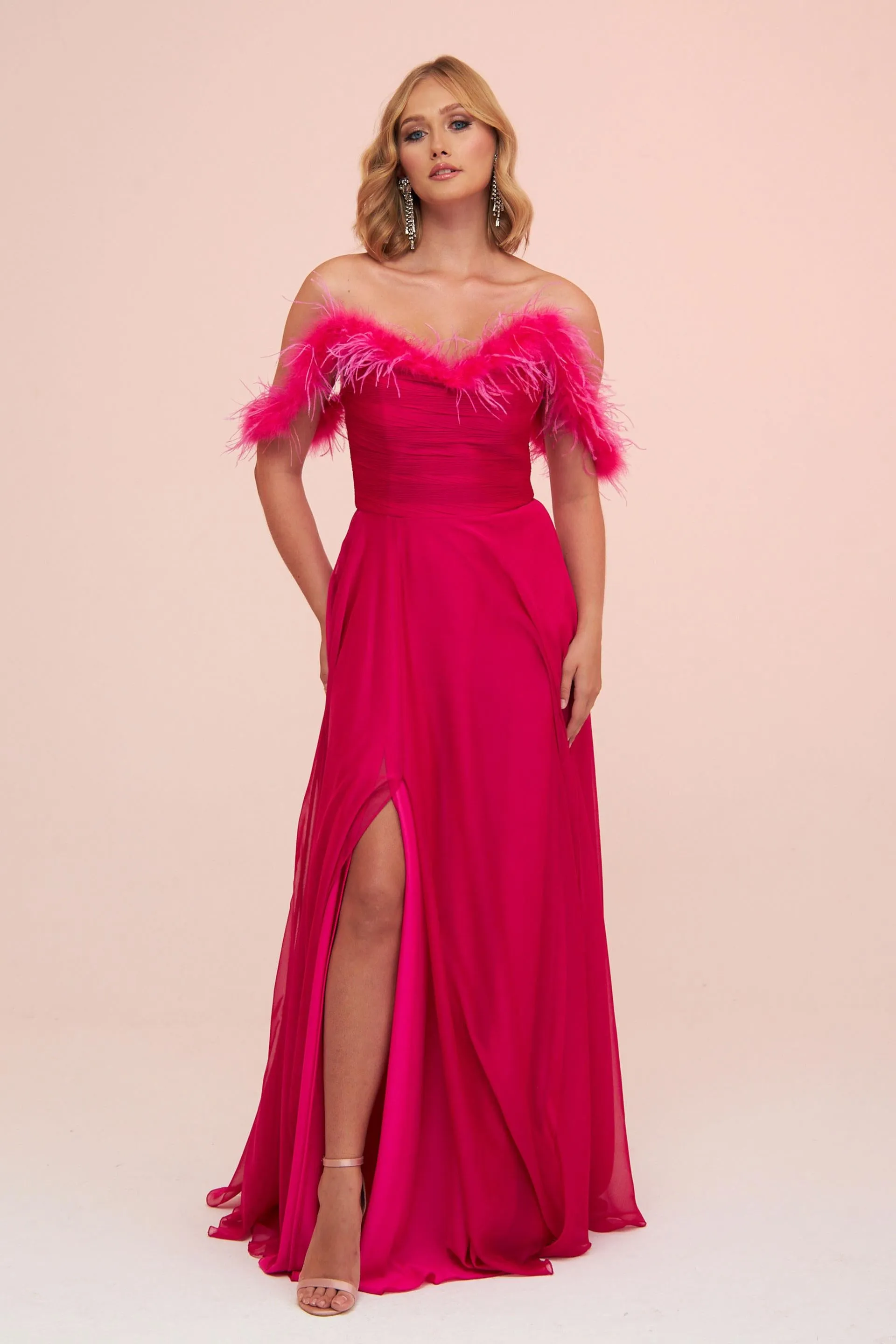 Angelino Fuchsia Chiffon Feathered Slit Long Evening Dress