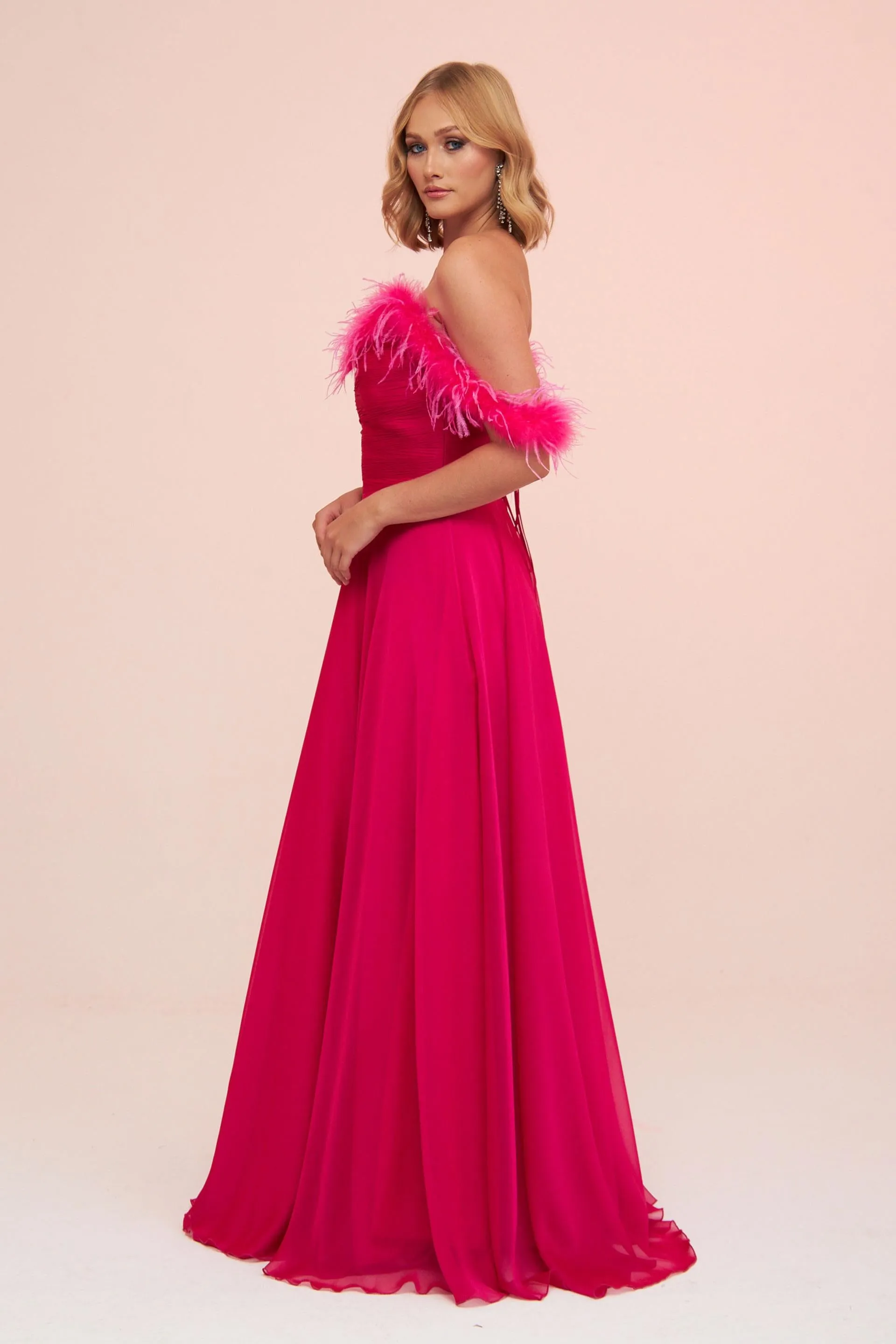 Angelino Fuchsia Chiffon Feathered Slit Long Evening Dress