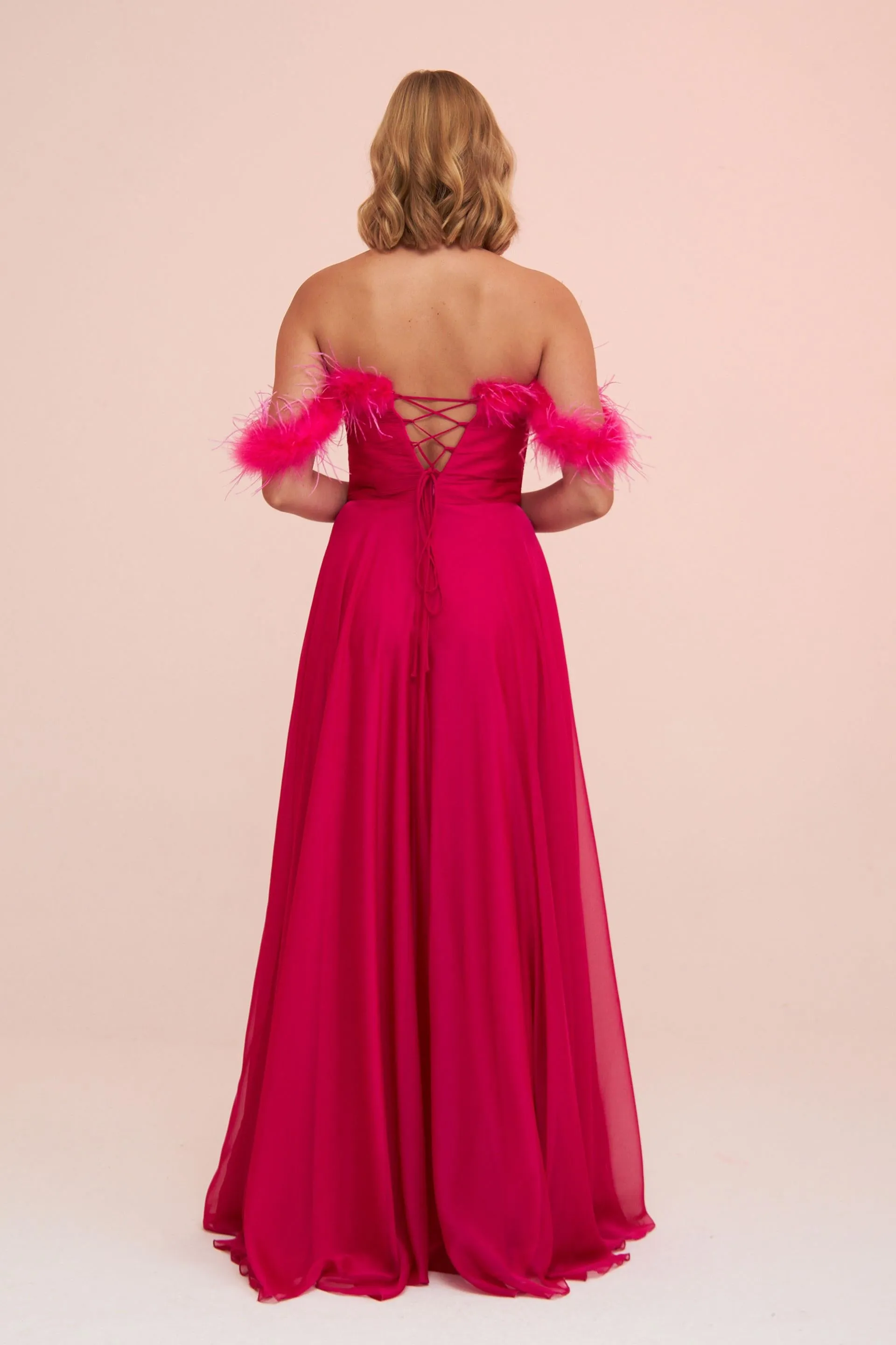 Angelino Fuchsia Chiffon Feathered Slit Long Evening Dress