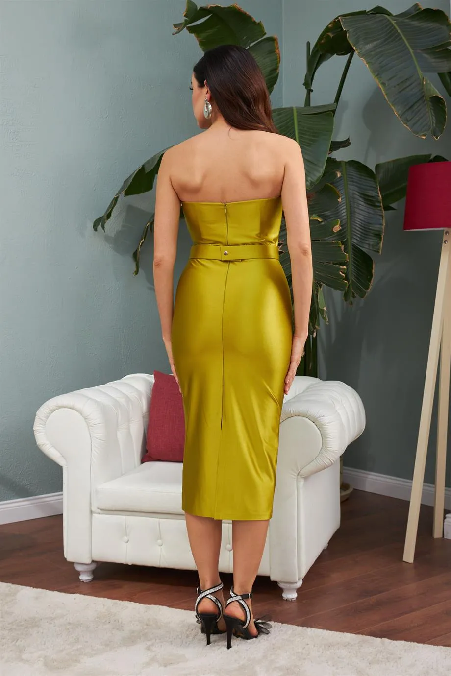 Angelino Peanut Green Satin Strapless Arched Midi Evening Dress