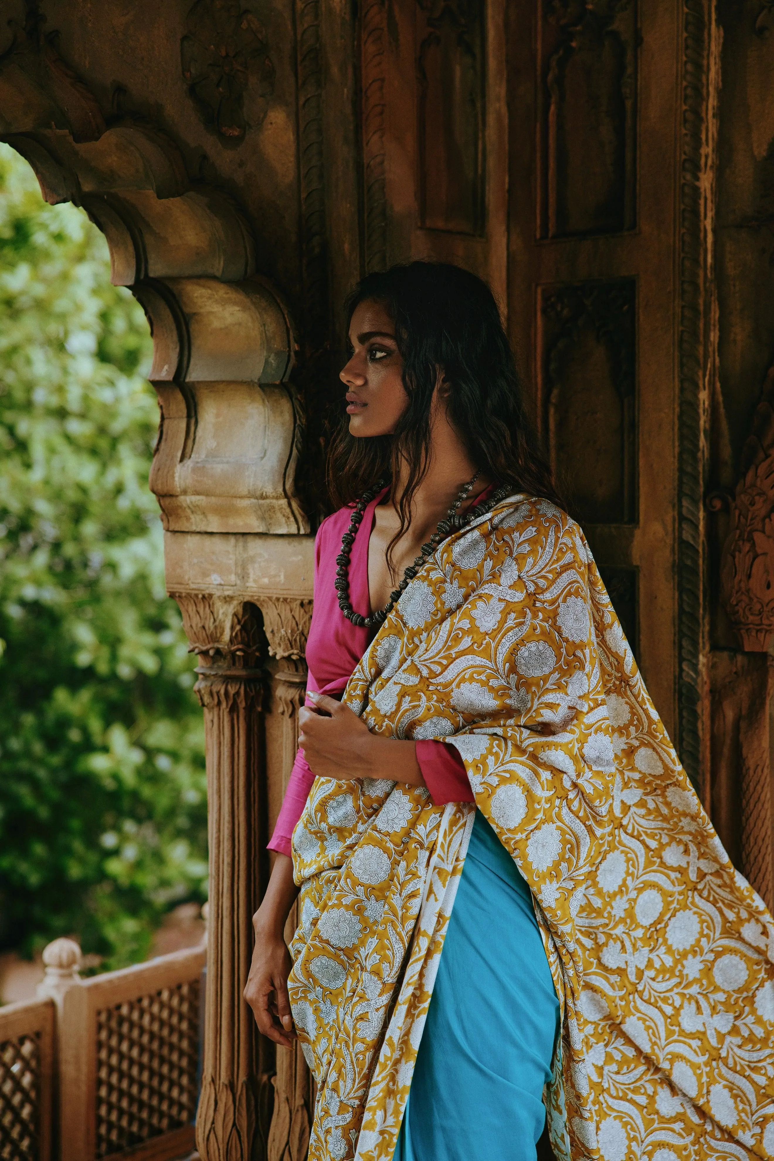 Aqua Yellow Hand Block Printed Ready Pleated Silk Saree