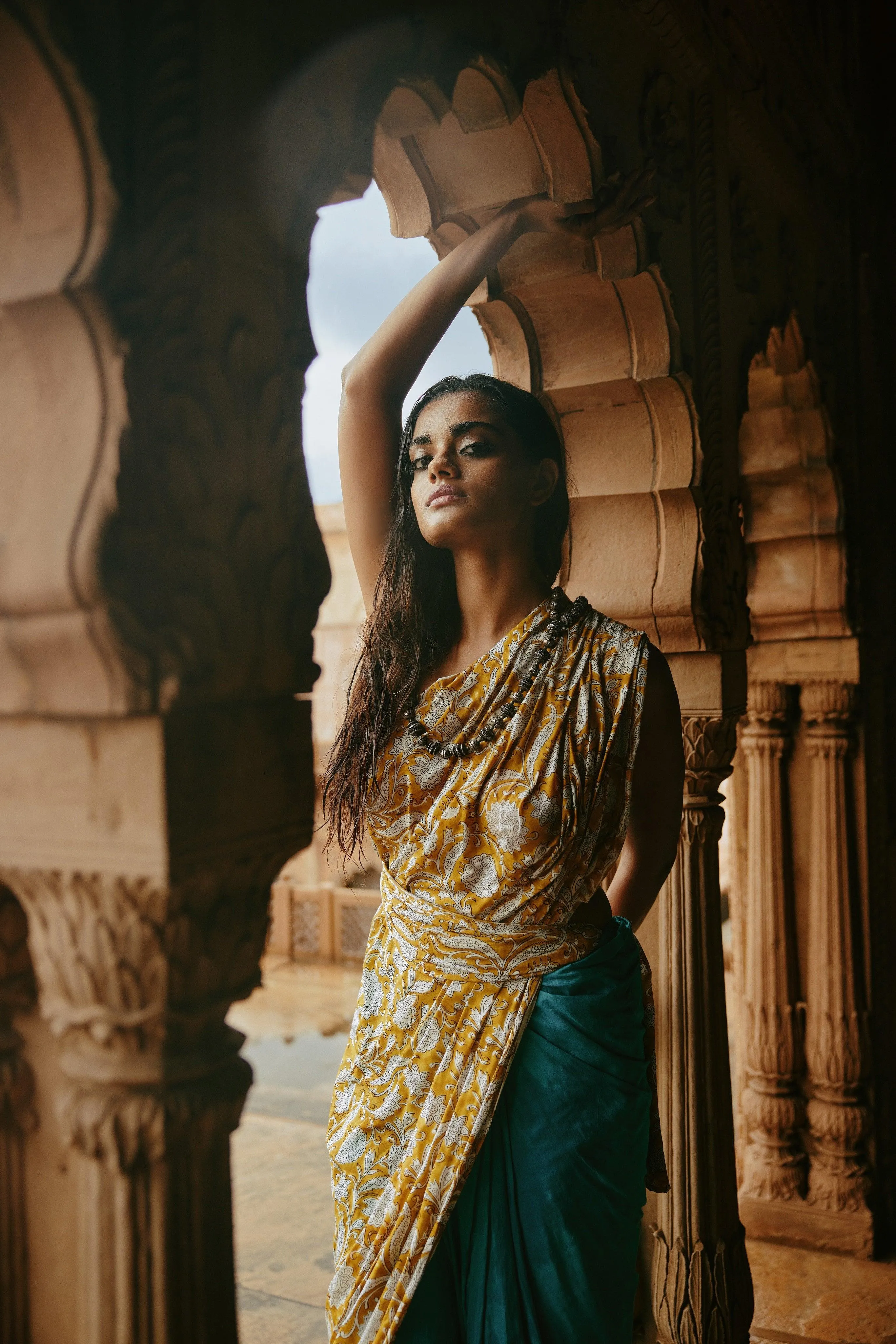 Aqua Yellow Hand Block Printed Ready Pleated Silk Saree