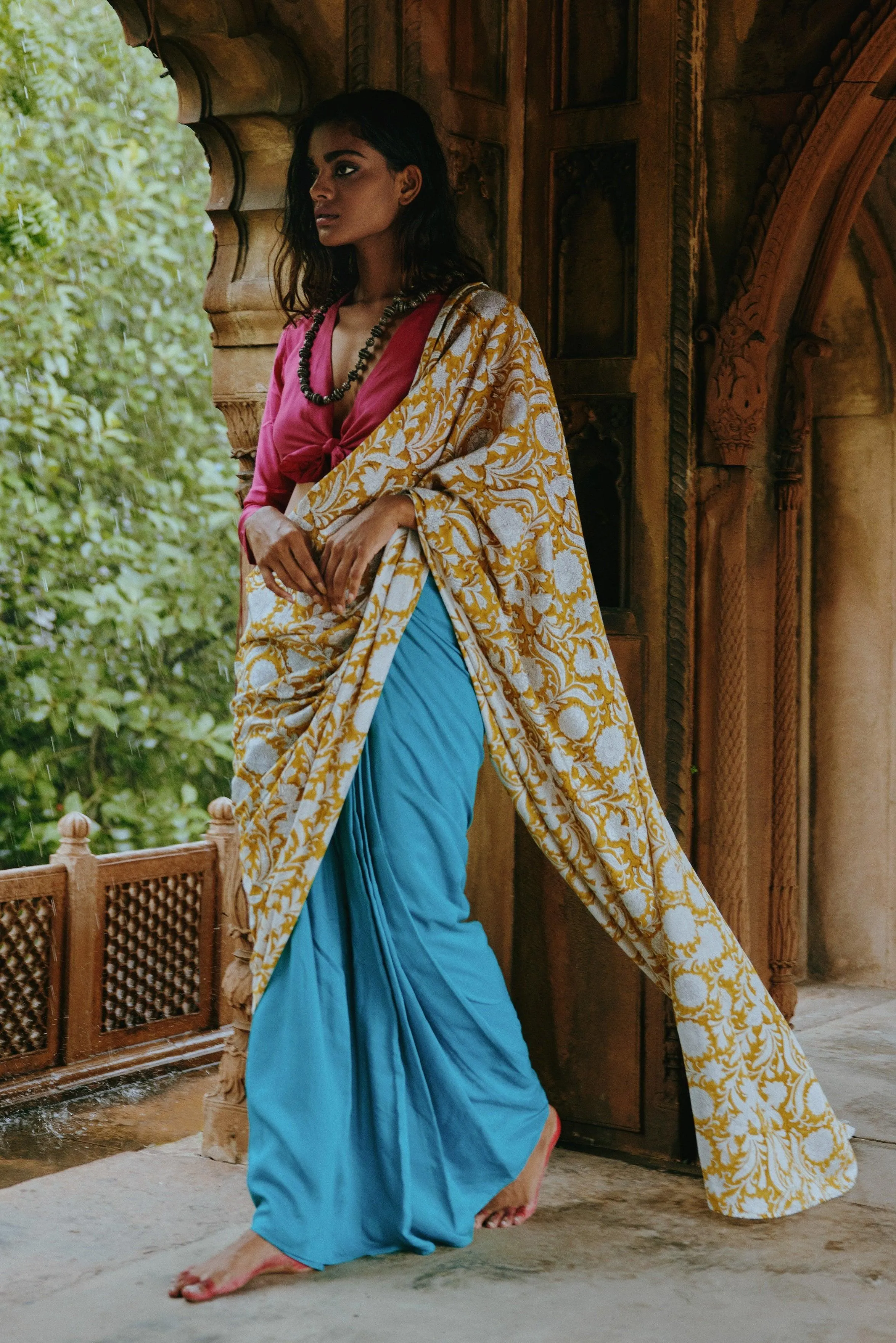 Aqua Yellow Hand Block Printed Ready Pleated Silk Saree