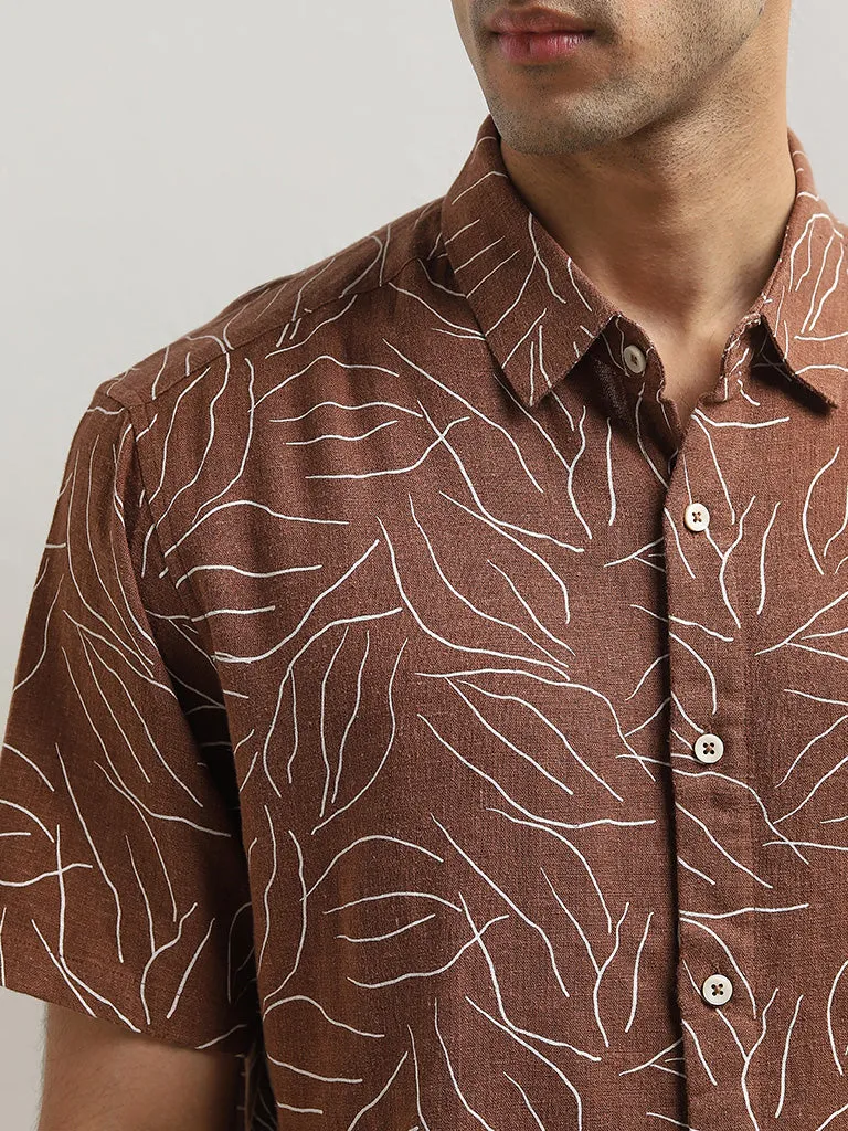 Ascot Tan Abstract Design Relaxed-Fit Blended Linen Shirt