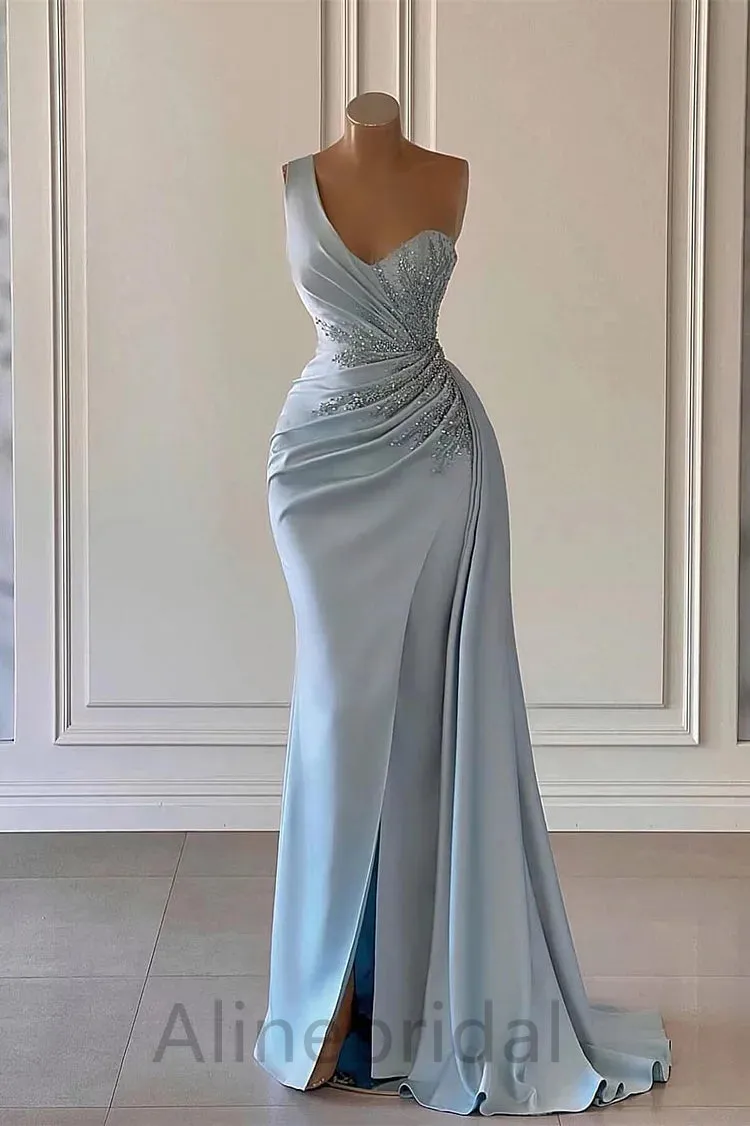 Baby Blue One Shoulder Sleeveless Side Slit Mermaid Long Prom Dress, PD3734