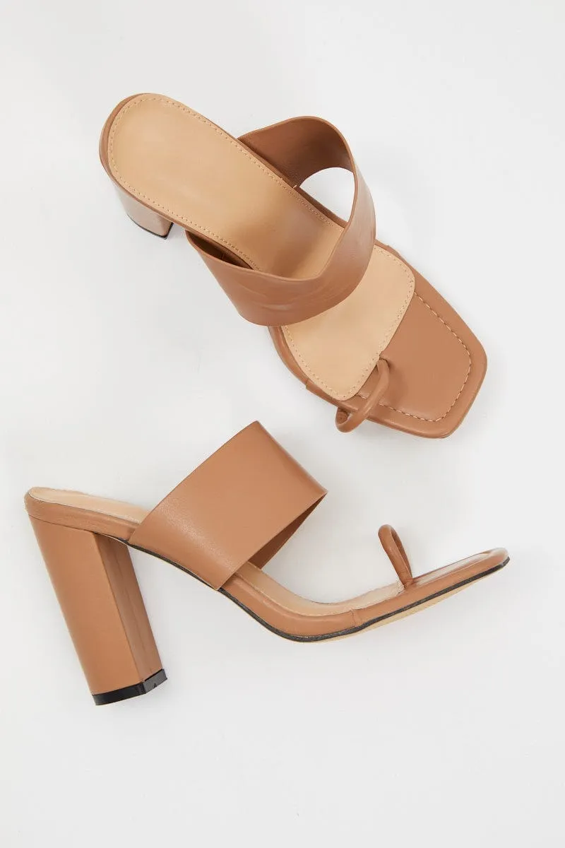 Beige Chunky Strap Heel Mules