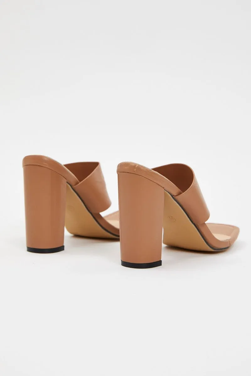 Beige Chunky Strap Heel Mules