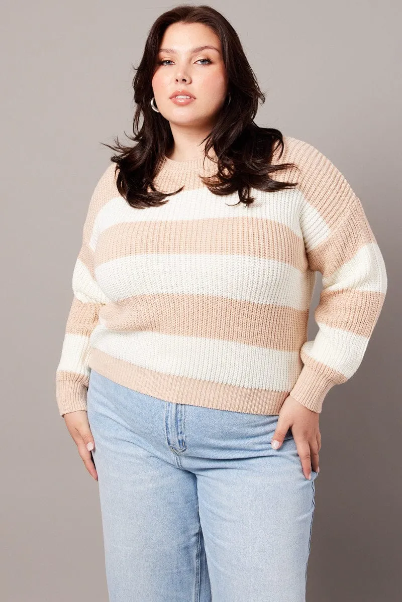 Beige Stripe Stripe Knit Jumper Long Sleeve Crew Neck