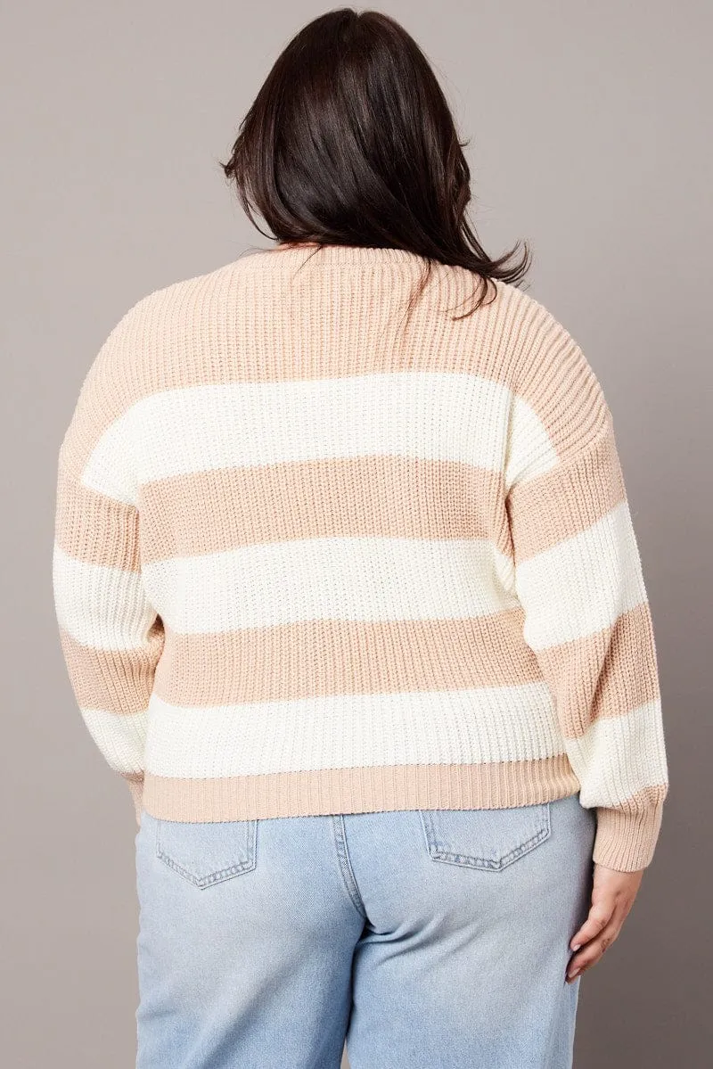 Beige Stripe Stripe Knit Jumper Long Sleeve Crew Neck