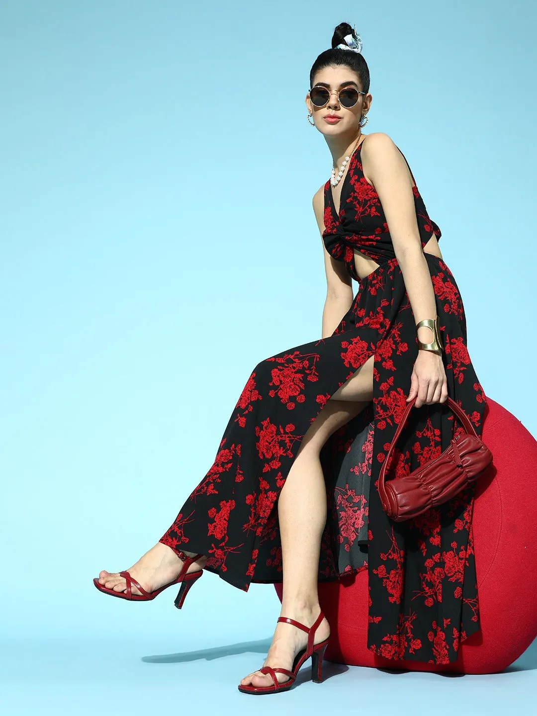 Berrylush Women Black & Red Floral Printed V-Neck Front Cutout Thigh-High Slit Flared A-Line Maxi Dress