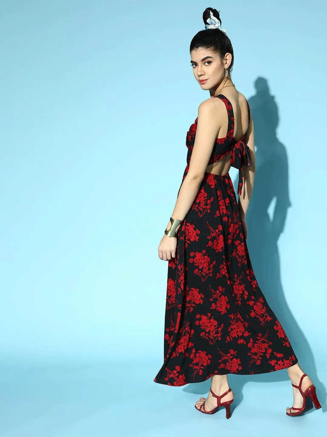 Berrylush Women Black & Red Floral Printed V-Neck Front Cutout Thigh-High Slit Flared A-Line Maxi Dress