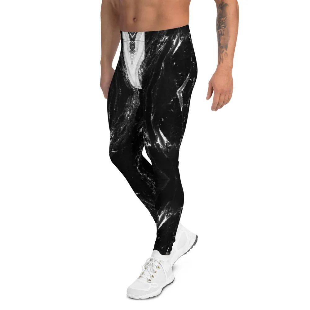 Black Marble Men's Leggings, Abstract Marble Print Premium Meggings-Made in USA/MX/EU