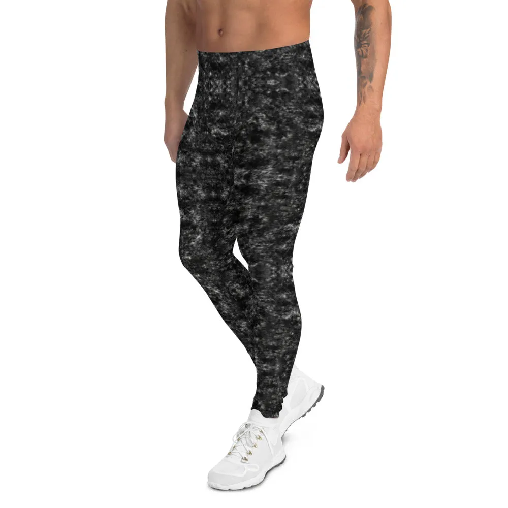 Black Marbled Printed Men's Leggings, Marble Print Designer Meggings Compression Tights-Made in USA/EU