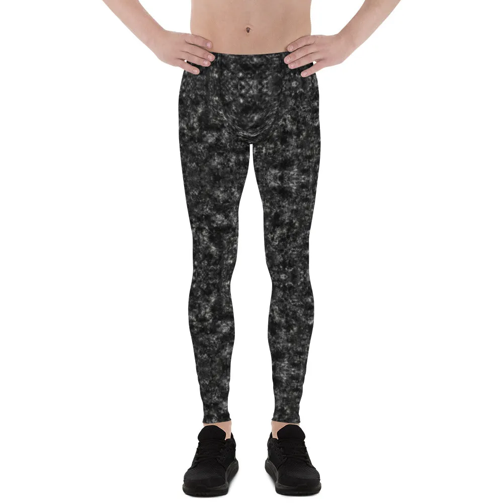 Black Marbled Printed Men's Leggings, Marble Print Designer Meggings Compression Tights-Made in USA/EU