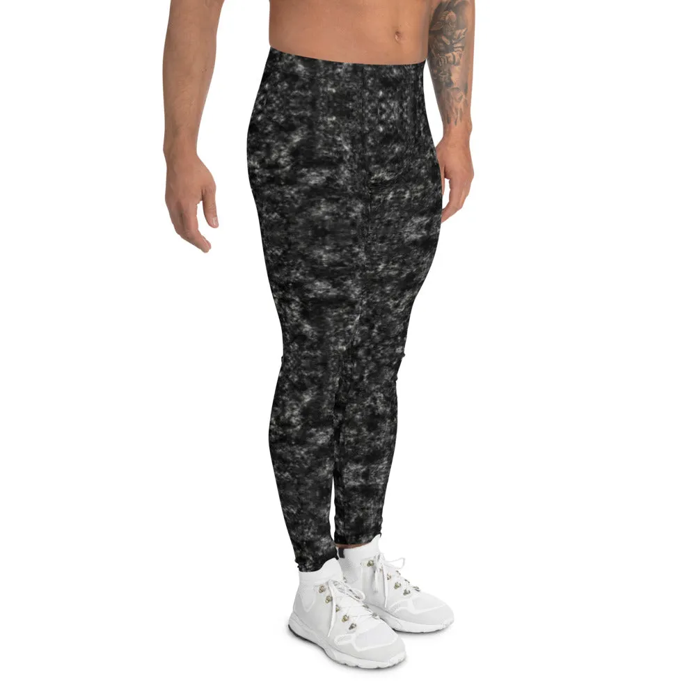 Black Marbled Printed Men's Leggings, Marble Print Designer Meggings Compression Tights-Made in USA/EU