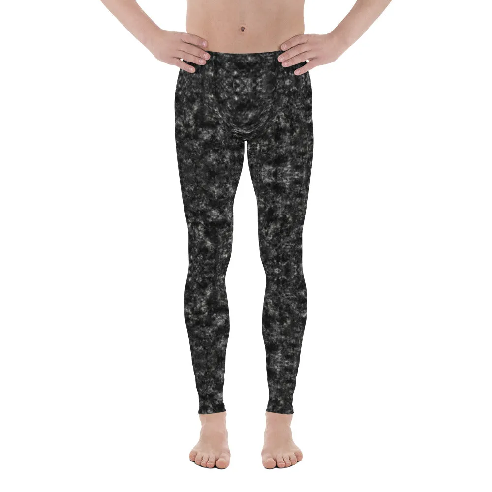 Black Marbled Printed Men's Leggings, Marble Print Designer Meggings Compression Tights-Made in USA/EU