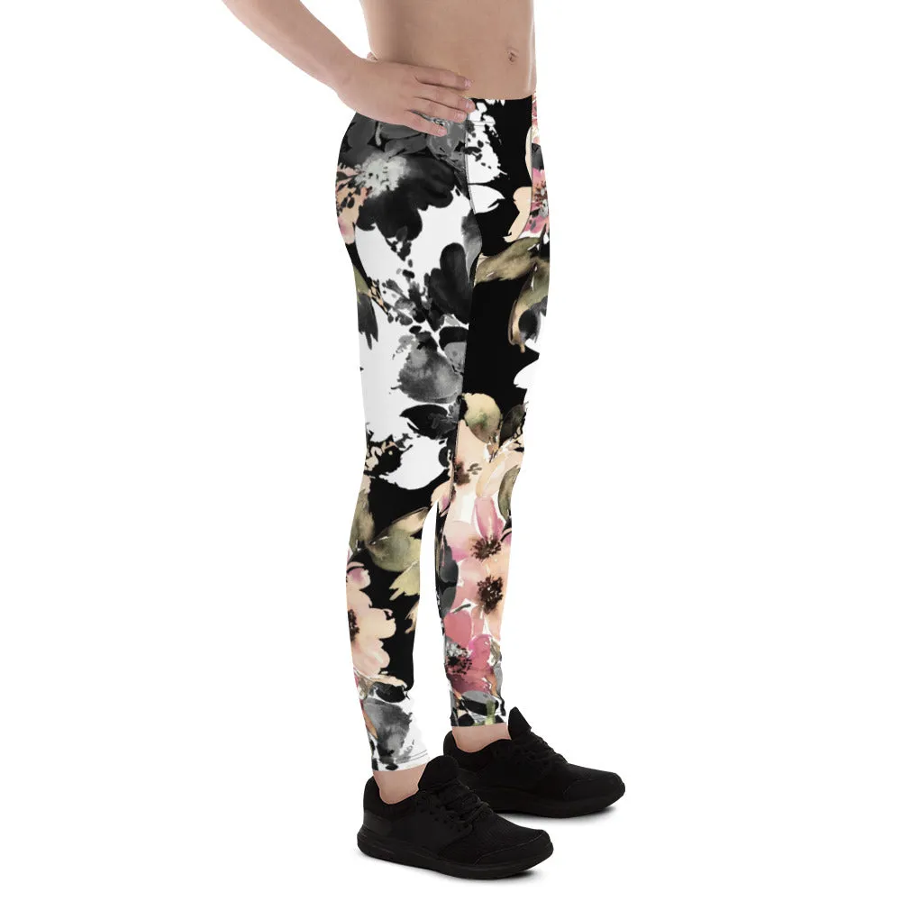 Black Pink Floral Men's Leggings, Classic Flower Print Best Designer Compression Tights For Men-Made in USA/EU/MX