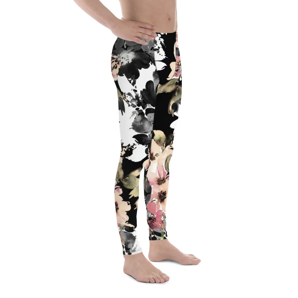 Black Pink Floral Men's Leggings, Classic Flower Print Best Designer Compression Tights For Men-Made in USA/EU/MX