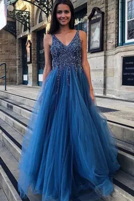 Blue Beaded V-Neck Backless A-Line Tulle Prom Dress, PD2306221