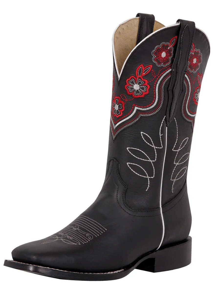 Botas Vaqueras Rodeo con Tubo Bordado de Flores de Piel Genuina para Mujer 'El General' - ID: 42977