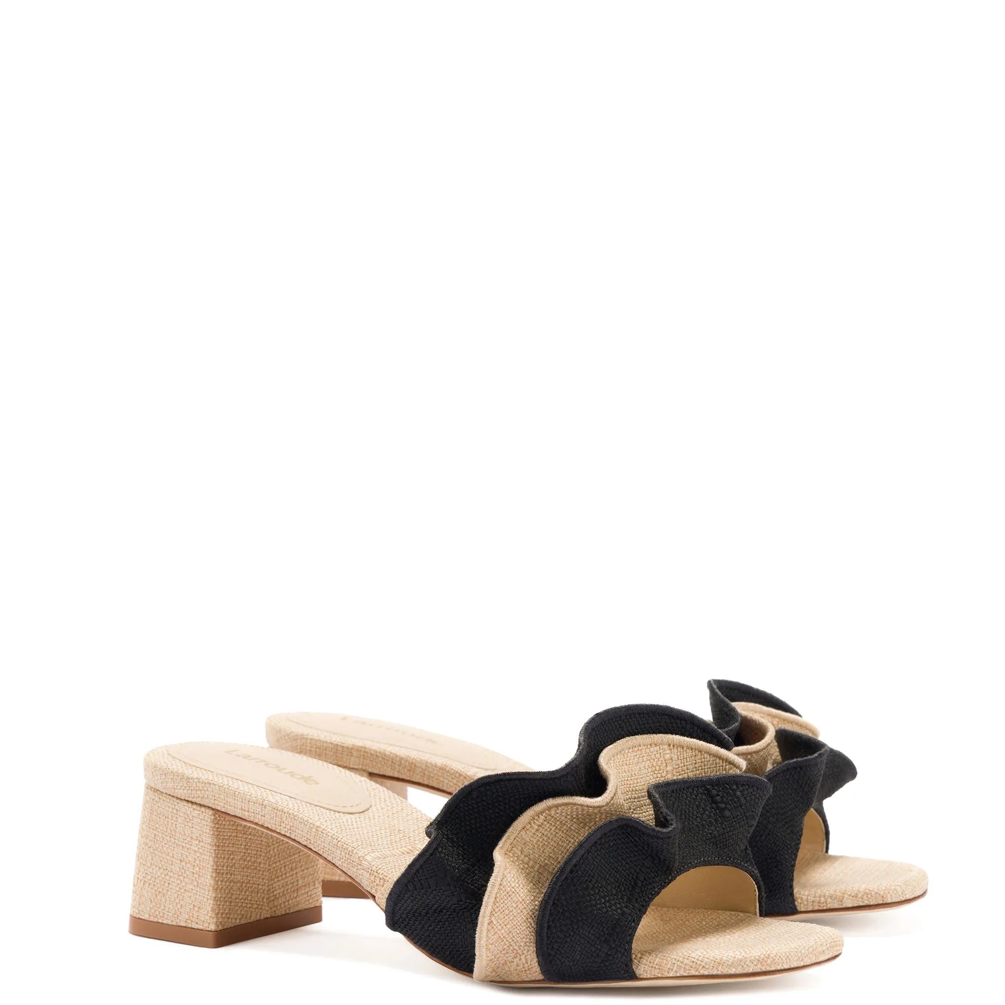 Brigitte Ruffle Mule In Beige and Black Raffia