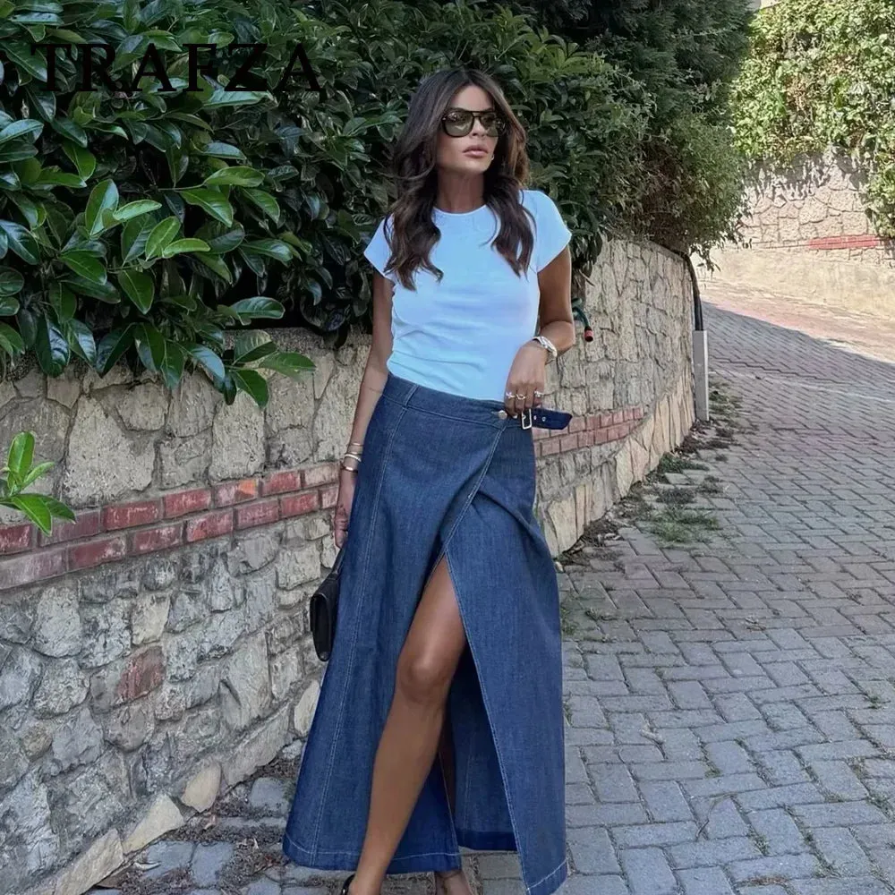 Casual Vintage Loose Denim Long Skirt with Elegant Sashes Bottom