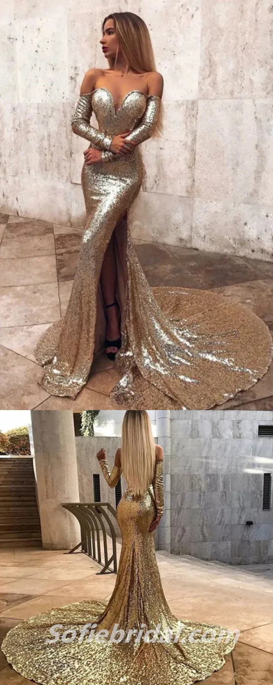 Charming Sequin Off Shoulder V-Neck Long Sleeve Side Slit Mermaid Long Prom Dresses,SFPD0274