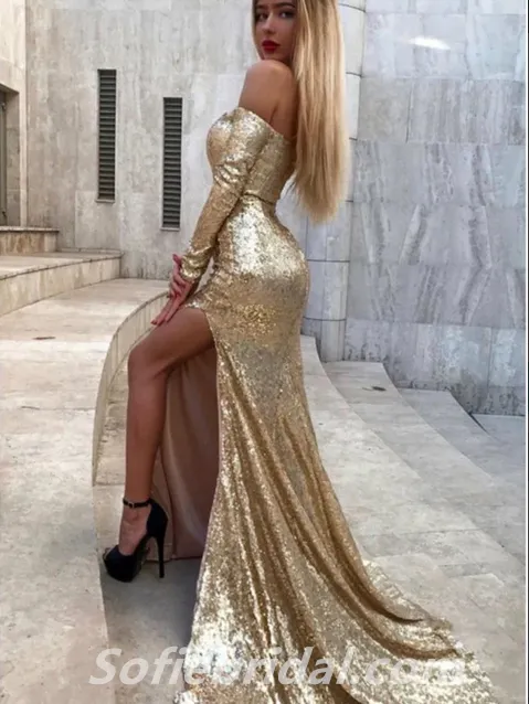 Charming Sequin Off Shoulder V-Neck Long Sleeve Side Slit Mermaid Long Prom Dresses,SFPD0274