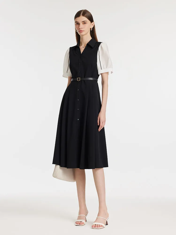 Commute Patchwork V-Neck Women Midi Shirt Dress With Belt