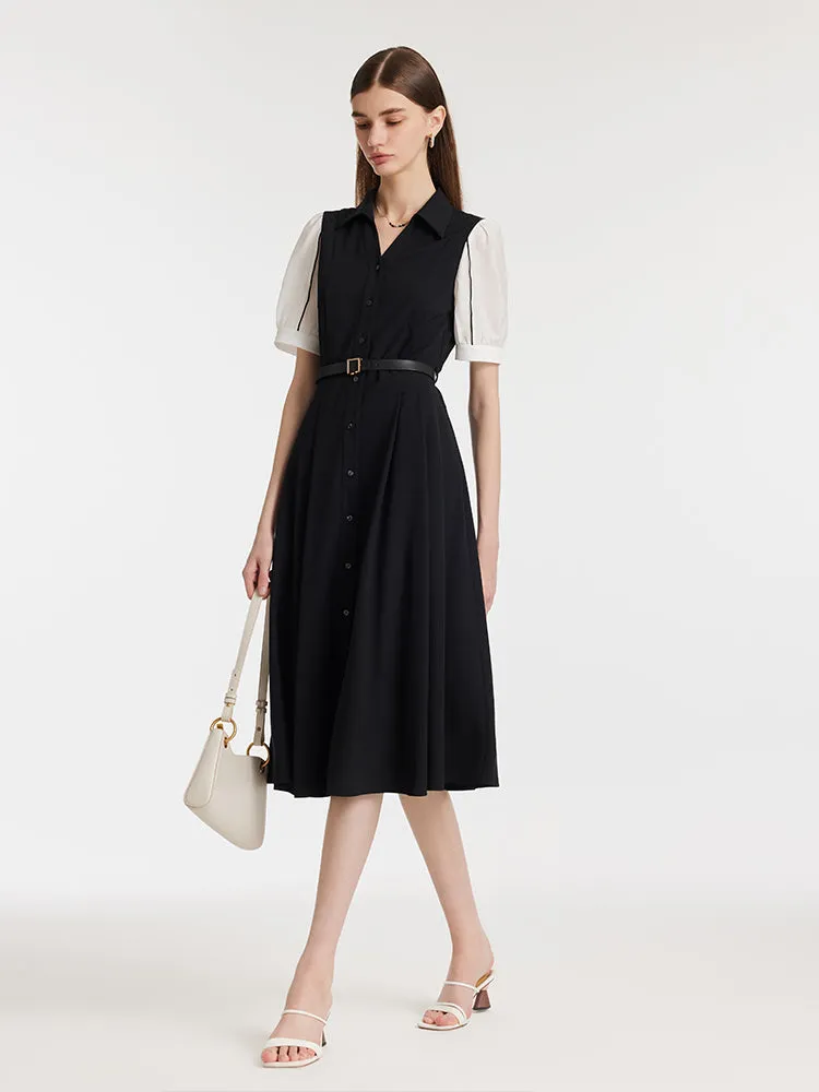 Commute Patchwork V-Neck Women Midi Shirt Dress With Belt