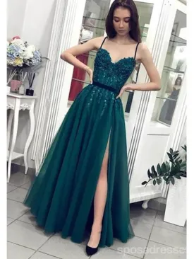 Dark Green A-line Spaghetti Straps High Slit Long Prom Dresses Online,12699