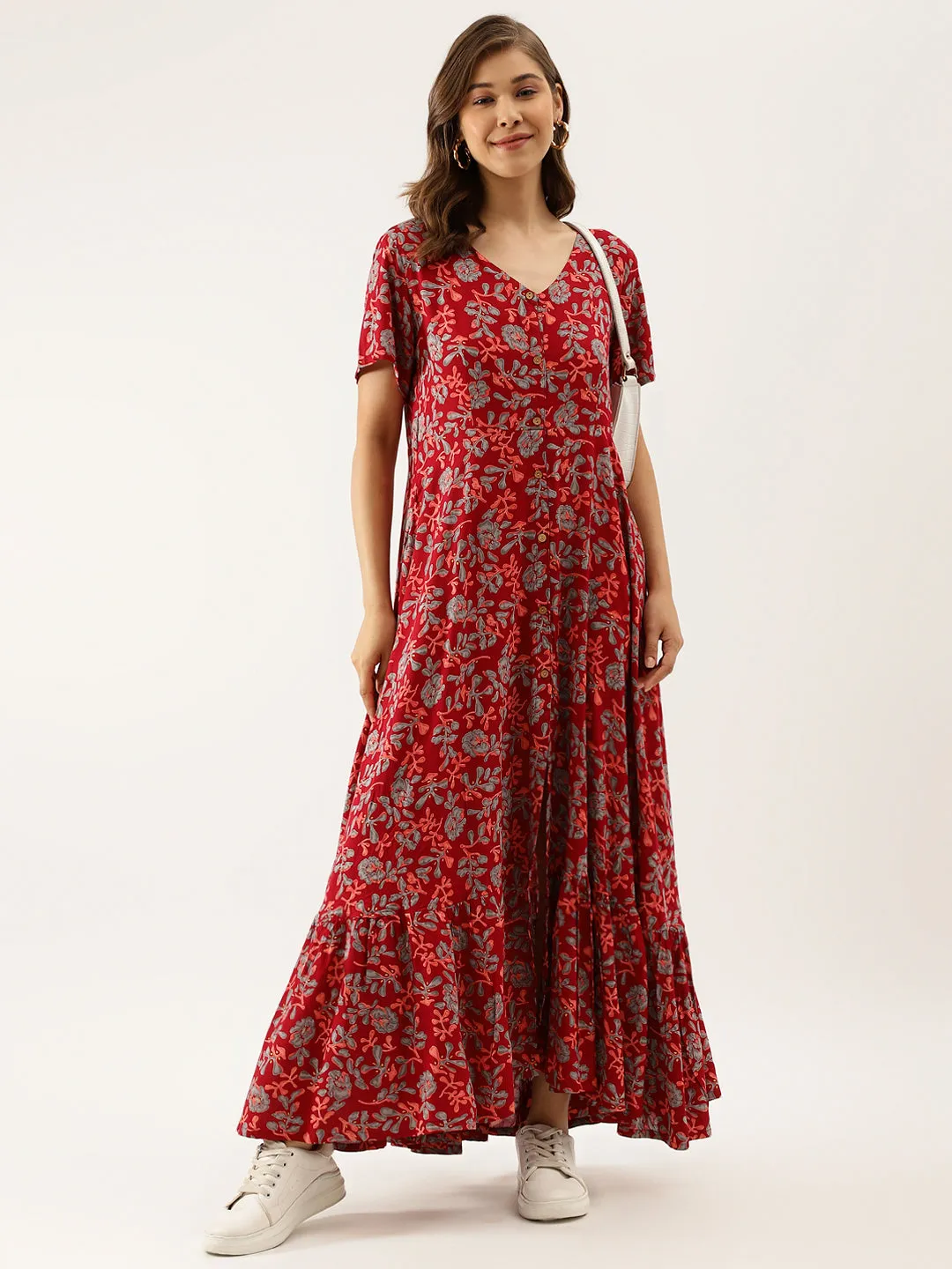 Divena Maroon Floral Printed Rayon Ethnic Dress for Women