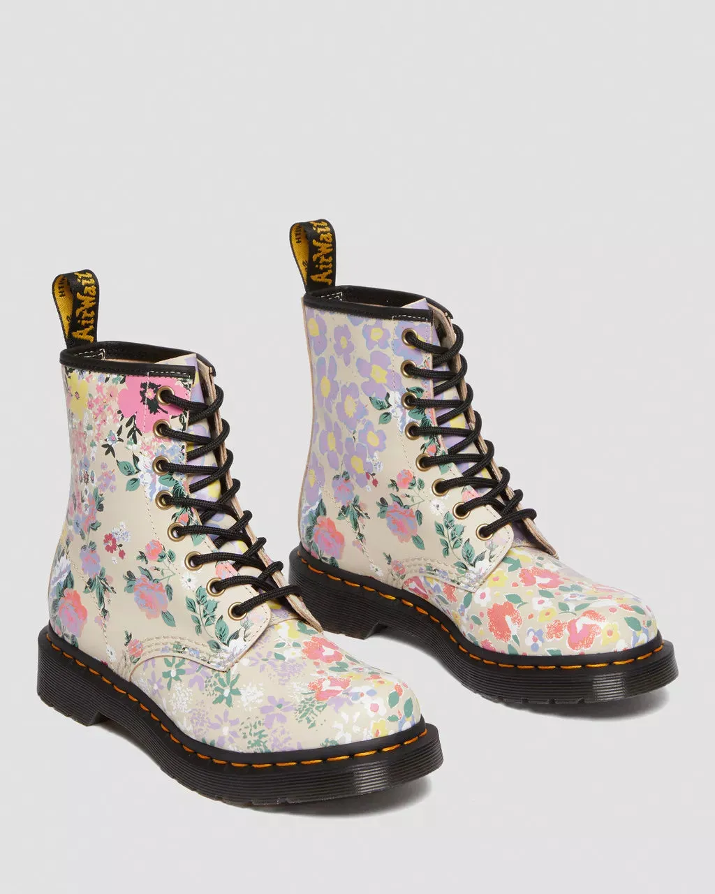 Doc Martens Women's 1460 FLORAL MASH UP LEATHER LACE UP BOOTS (PARCHMENT BEIGE PHANTOM FLORAL SHADOW BACKHAND)