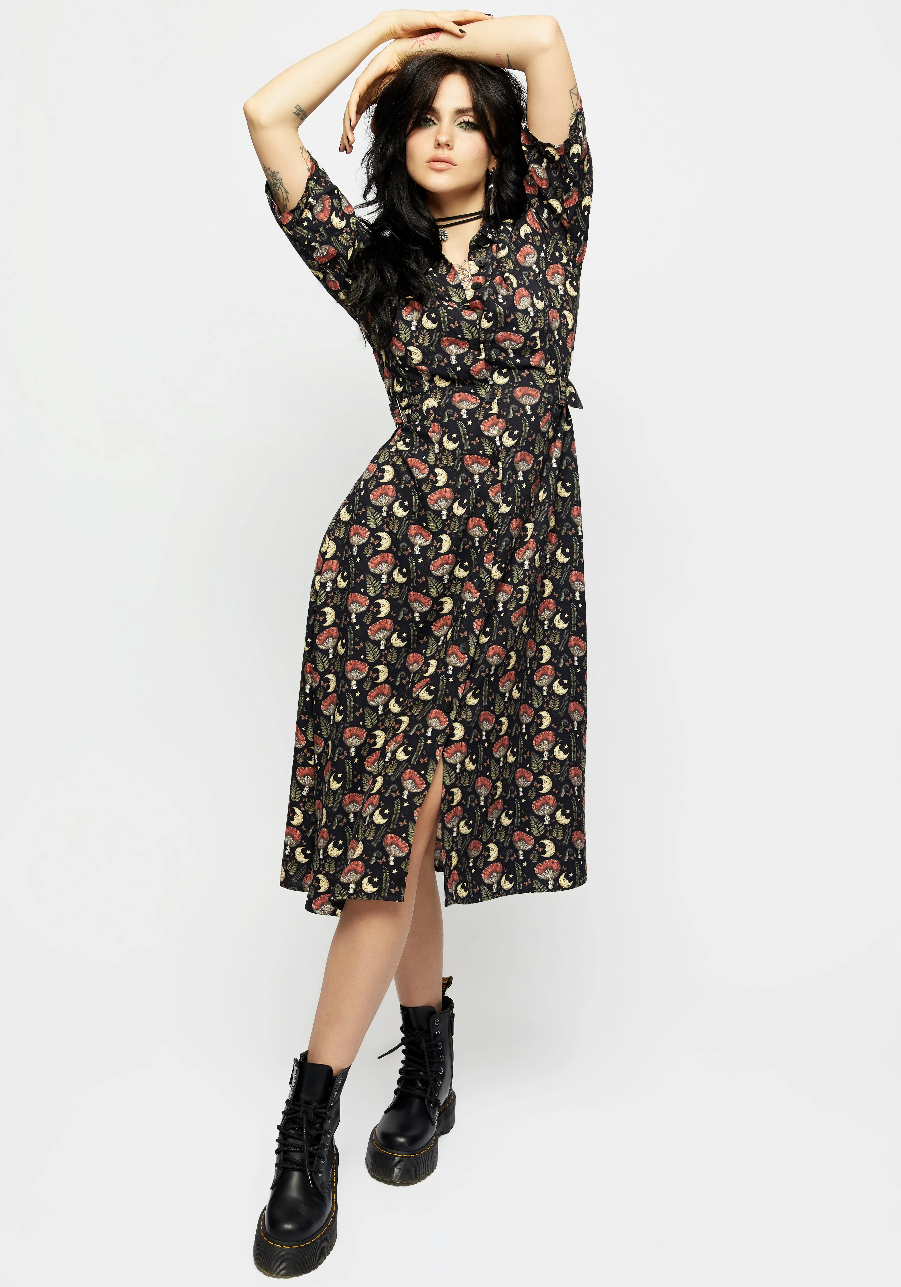 Dreamfast Mushroom Moon Print Midi Shirt Dress