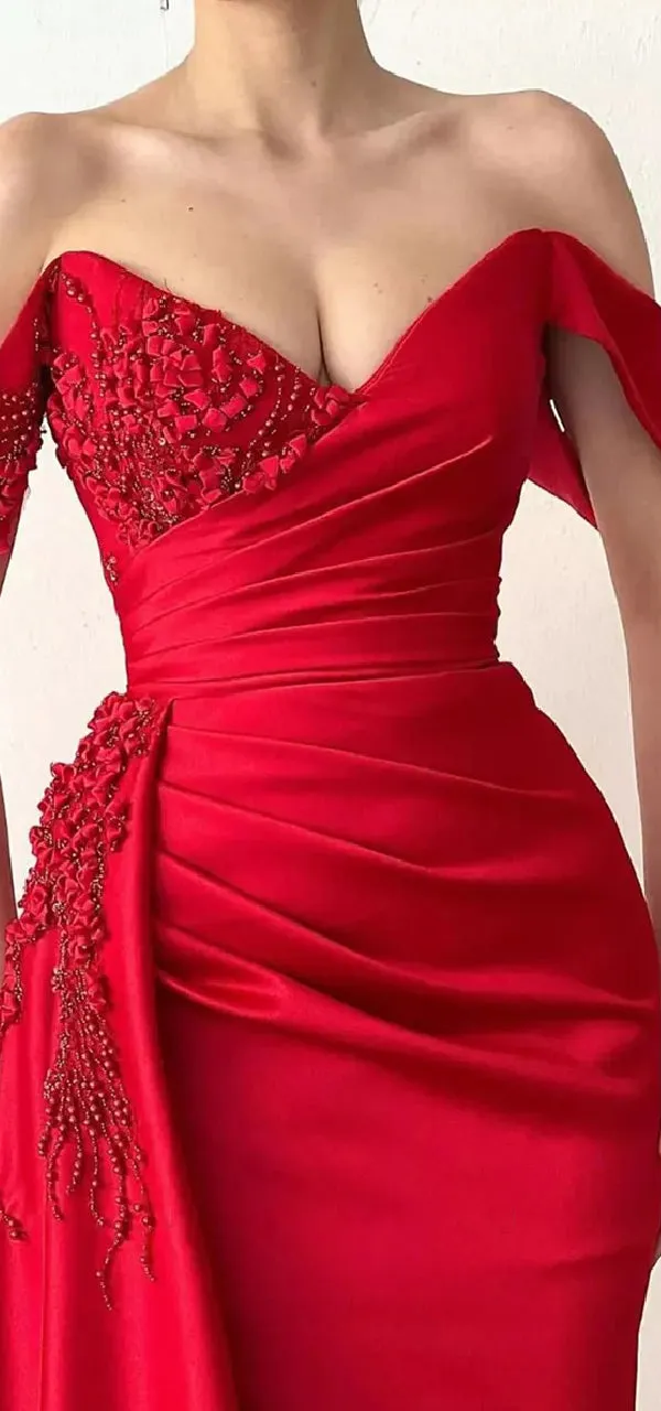 Elegant Off Shoulder V-neck Mermaid Satin Red Long Bridesmaid Dresses with Trailing , BG662