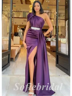 Elegant Satin One Shoulder Sleeveless Side Slit Mermaid Long Prom Dresses With Belt And Trailing,PD0802