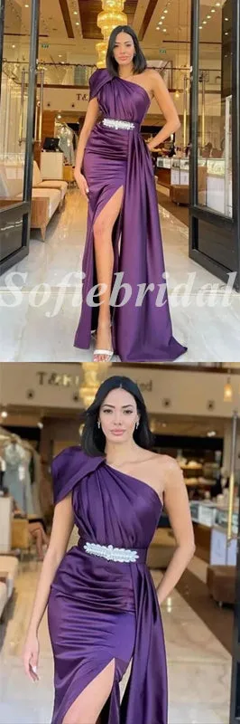 Elegant Satin One Shoulder Sleeveless Side Slit Mermaid Long Prom Dresses With Belt And Trailing,PD0802