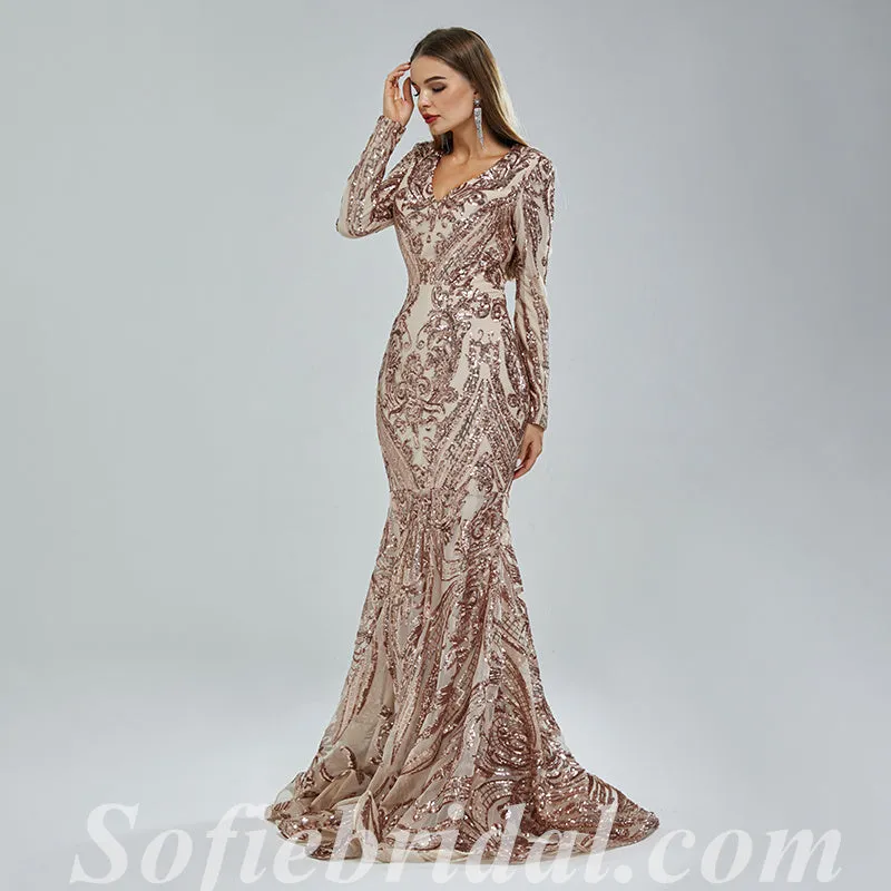 Elegant Special Fabric Long Sleeve V-Neck Mermaid Long Prom Dresses,SFPD0340